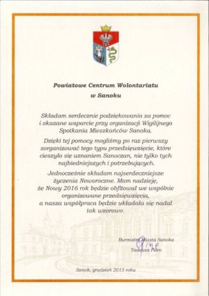 Podziękowanie od Burmistrza Miasta Sanoka Tadeusza Pióro.